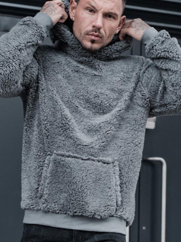 Men’s Solid Color Plush Fleece Long Sleeve Pullover Kangaroo Pocket Hoodie
