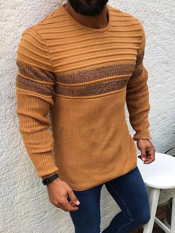 Men's Stripe Trim Cable Knit Crewneck Sweater