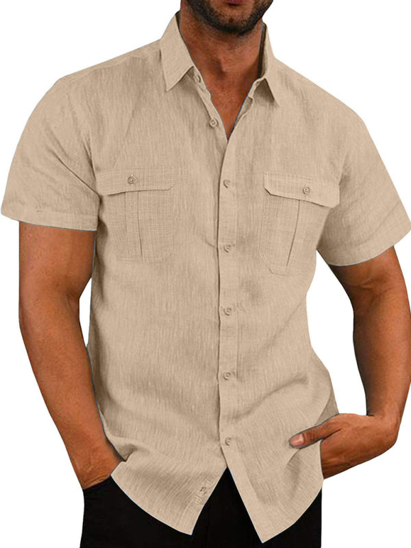 Men's Solid Color Double Pocket Short Sleeve Shirt Top