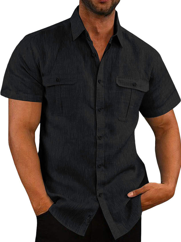 Men's Solid Color Double Pocket Short Sleeve Shirt Top