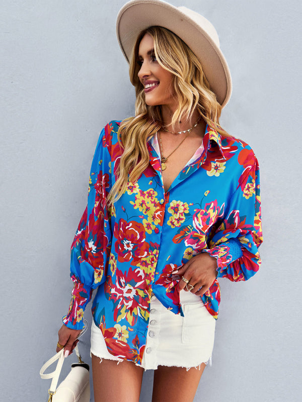 Women’s Loose Fit Button Up Floral Blouse With Folded Collar And Ruffle Scrunched Sleeves