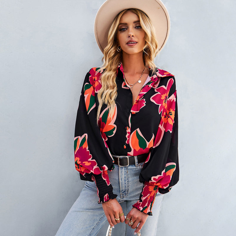 Women’s Loose Fit Button Up Floral Blouse With Folded Collar And Ruffle Scrunched Sleeves