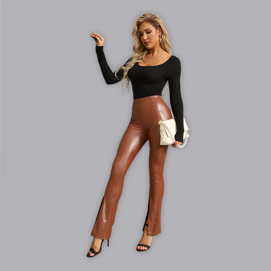 Women’s Pull-on Style High Rise Faux Leather Pants With Slits