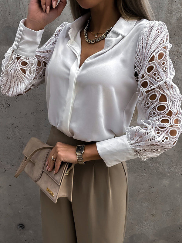 Women’s Solid Color Lace Sleeve Buttons Cuffs Button Front Shirt Blouse