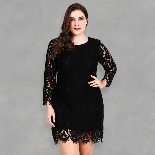 Women’s Solid Color Embroidered Lace Overlay Three Quarter Midi Dress