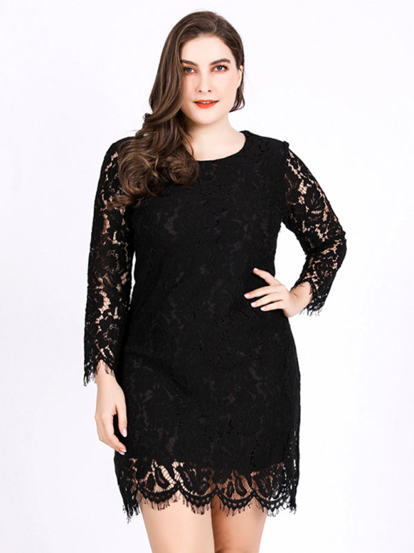 Women’s Solid Color Embroidered Lace Overlay Three Quarter Midi Dress