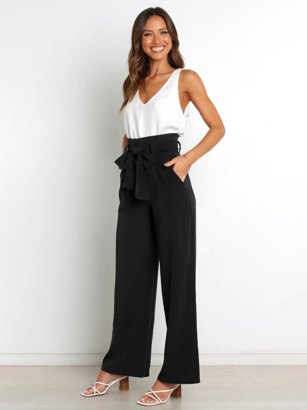 Women's Solid Color Chic And Fun Belted Wide Leg Trousers