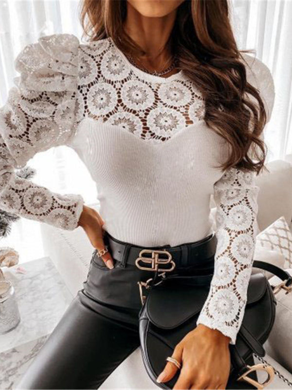 Women's Solid Color Long Sleeve Lace Panel Knit Top