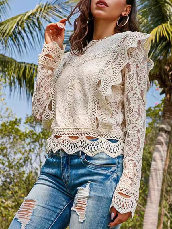 Women's Solid Color Embroidered Lace Shirt