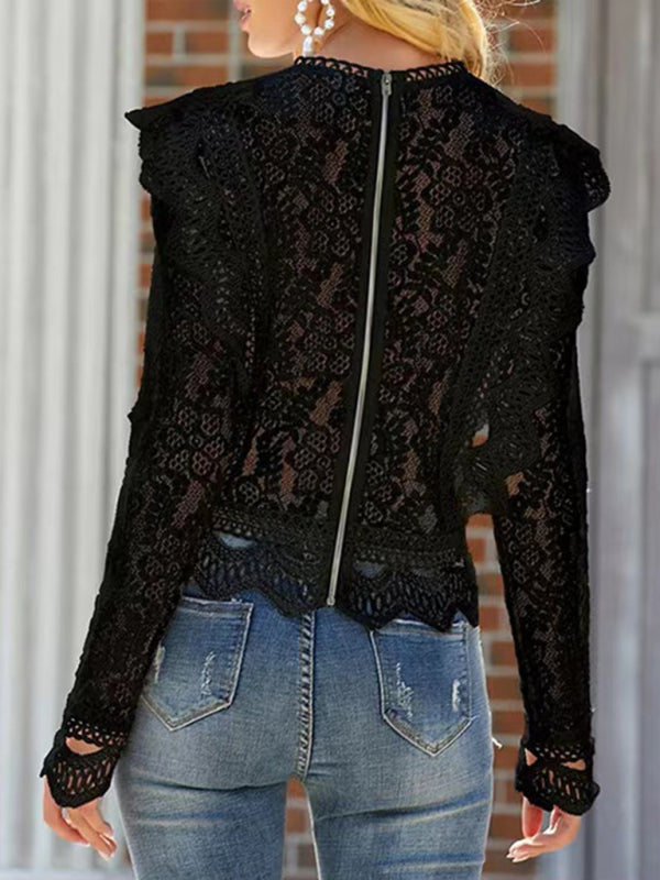 Women's Solid Color Embroidered Lace Shirt