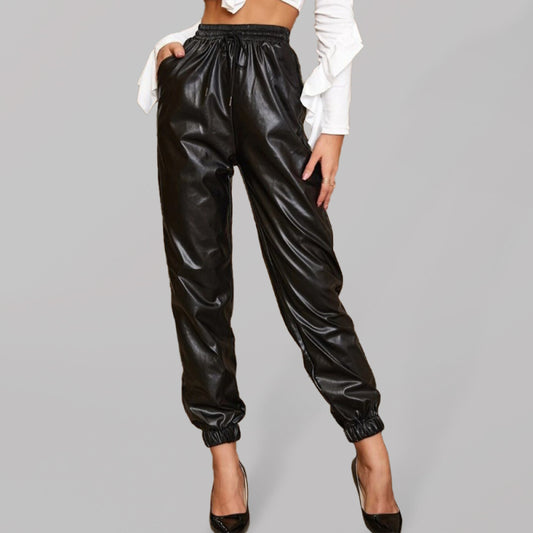 Women's Solid Color Faux Leather Joggers