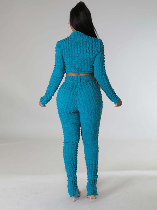 Women's Elastic Bubble Short Slim Slit Trousers Fashion Two-piece Set