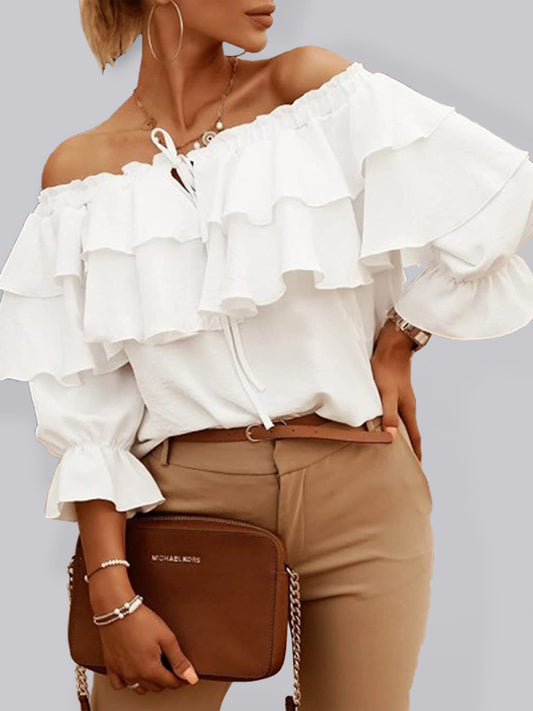 Women's Solid Color 3/4-sleeves Double-ruffled Off-the-shoulder Tie-neck Blouse
