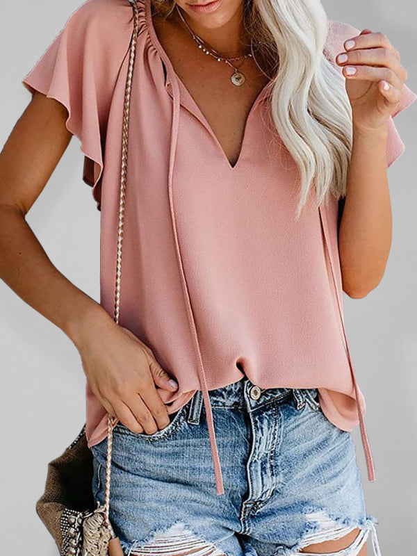 Solid color casual V-neck chiffon shirt loose simple short-sleeved top